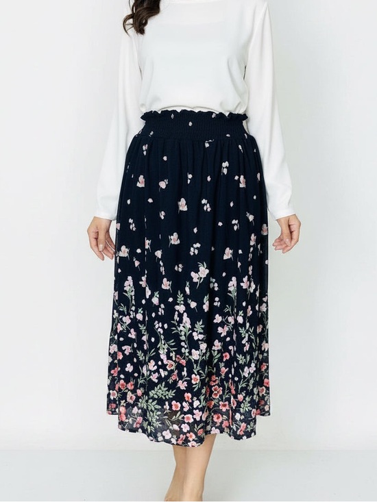 Amber Dresses & Skirts - Navy Floral Smocked Waist Midi Skirt